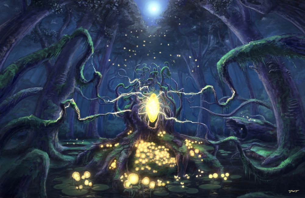 
Digital painting of a magical forest known as the Heart of Inspiration. Energy crackles though branches which extend like massive arms towards the heart of the forest, a power source embedded inside an old gnarled tree.