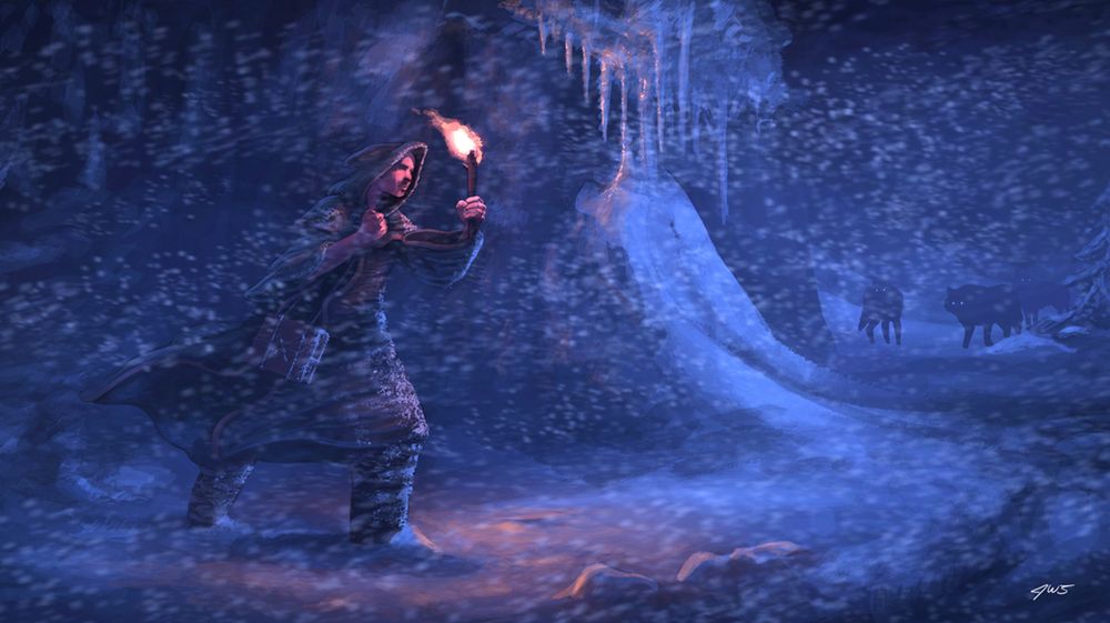 A painting of a cloaked figure passing through a snowstorm carrying a book, the way being lit by his torch. Around the corner can be seen a pack of wolves prowling in the distance.