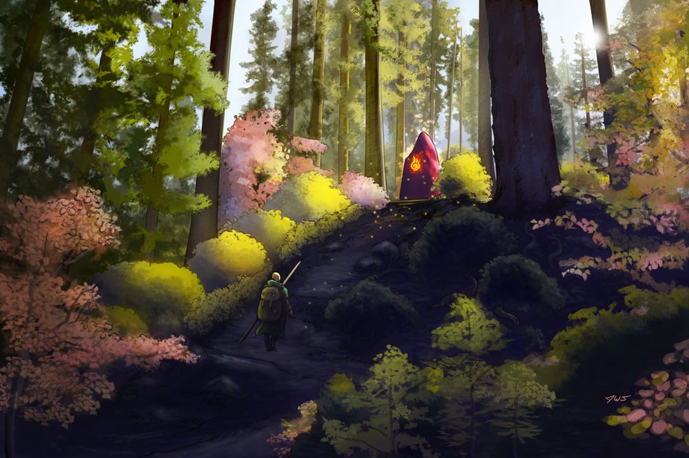 Sun sets on a hillside deep in the forgotten forest, the light beaming down on a Red stone which has a symbol ablaze upon it's surface. The sun's light also illuminates the bright fall colored bushes and trees adorning the trail up toward the stone.