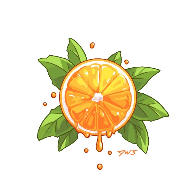 A vibrant illustration of an orange slice surrounded by bright green leaves. This is a juicy orange slice, as it drips juice from the bottom and has a few splashes surrounding the design. Signed JWT, that's me!