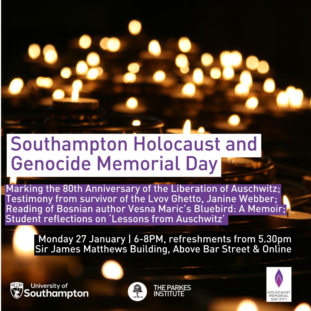 Event poster with candles in the background, text in purple/white/black and organiser logos. 