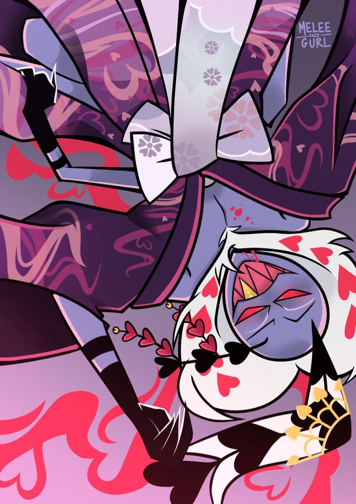 Art of Valentino from Hazbin Hotel laying down and looking at the viewer suggesively with red saliva dripping down his mouth and a few specks on his bare chest. He is wearing a half open dark plum coloured kimono with a smoke and heart themed design in dark pink and muted peach tones. His antennas are decorated with heart themed accessories in gold and red. One of his arms rests upwards with a hand by his face as another opens the bottom folds of the kimono to reveal his legs while his other two arms rest lazily.