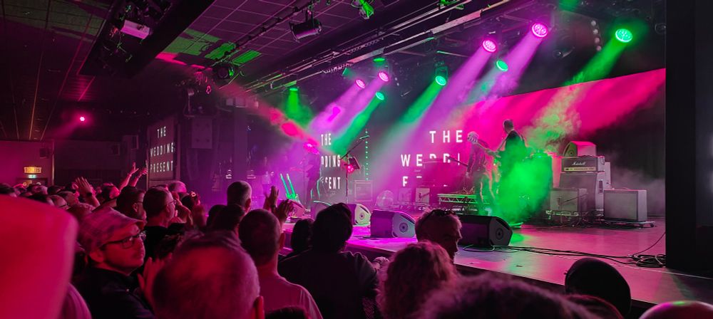 A band playing on a small stage taken from fairly close to the front. The backdrop says "The Wedding Present".
