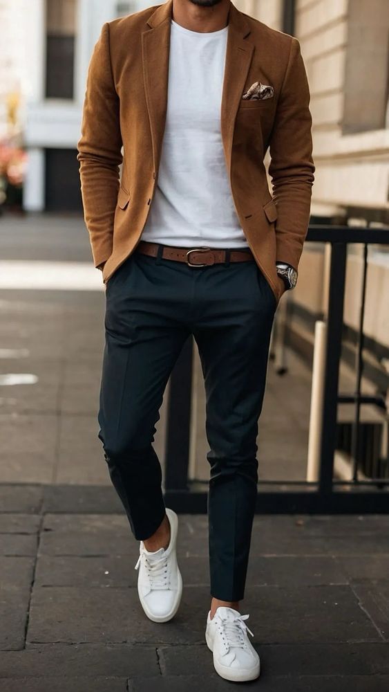 This image shows a man wearing a smart-casual outfit. He is dressed in a camel-colored blazer over a plain white T-shirt, paired with tailored dark navy trousers. A brown leather belt and matching pocket square complement the look. He completes the ensemble with clean white sneakers, creating a polished yet relaxed style.