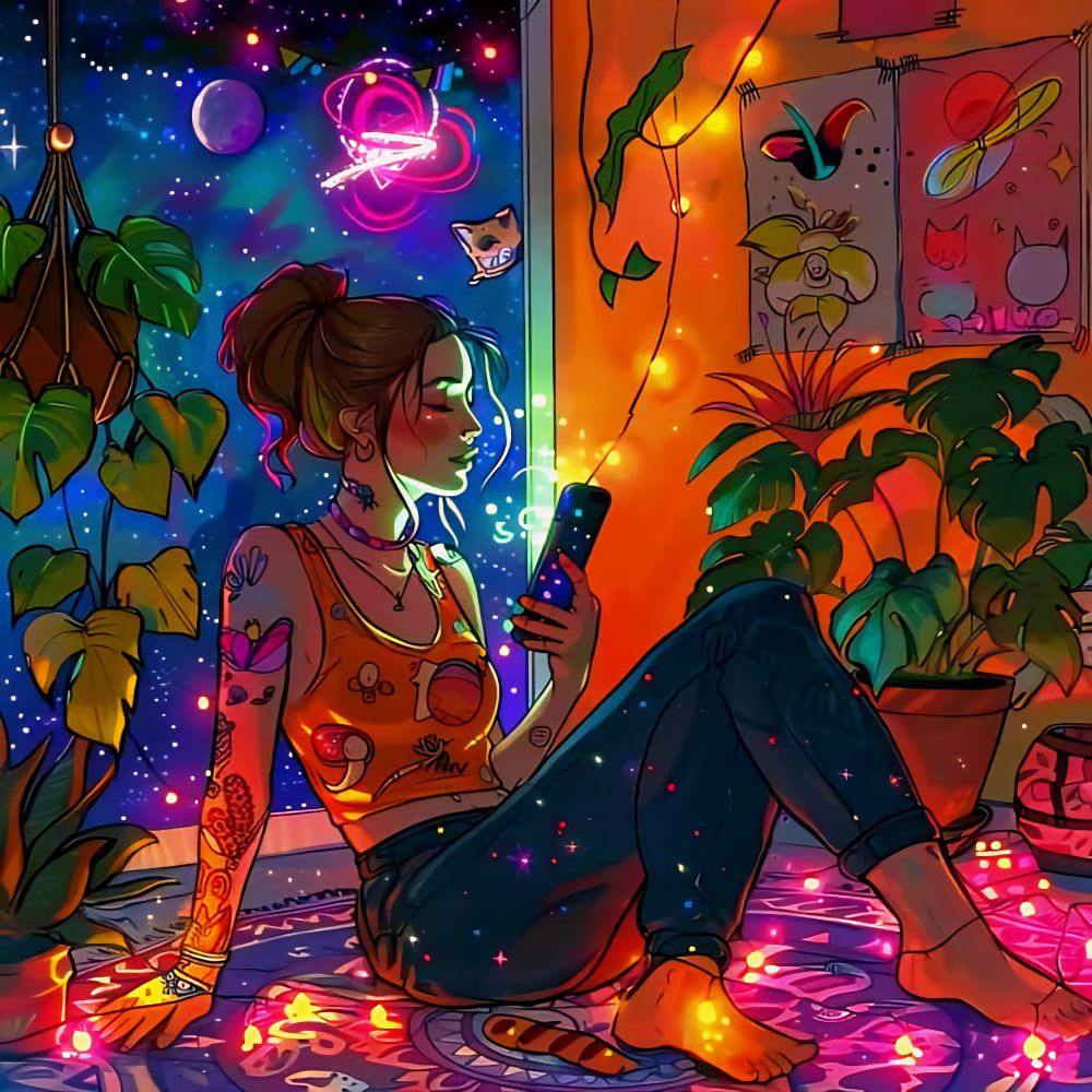 A woman with tattoos sits on a colorful, illuminated floor, engrossed in her phone. Vibrant plants, whimsical galaxy-themed artwork, and fairy lights create a dreamy, cozy ambiance.