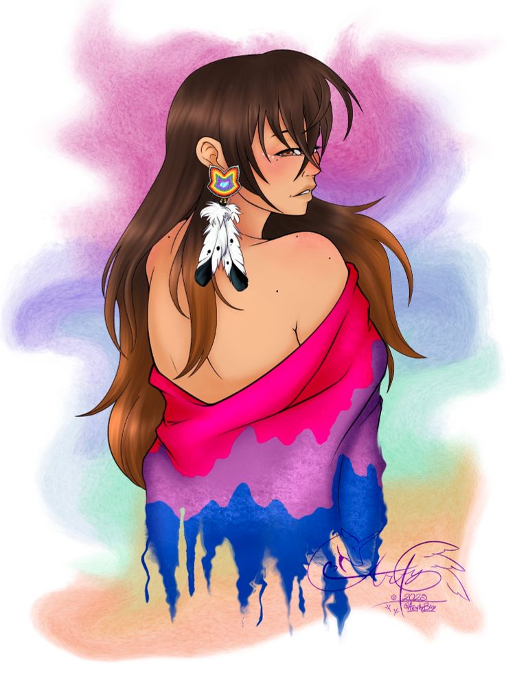 A beautiful Pride ych for QuirkyBeadwork ♡

- An indigenous woman looking over her shoulders at the view as a Bisexual blanket, colors of pink, purple and blue, are wrapped around her, hanging slightly to relieve her backside. Her earring is of a fox shape head, that's beaded with rainbow colors and has two feathers hanging from them to represent two spirit. ♡