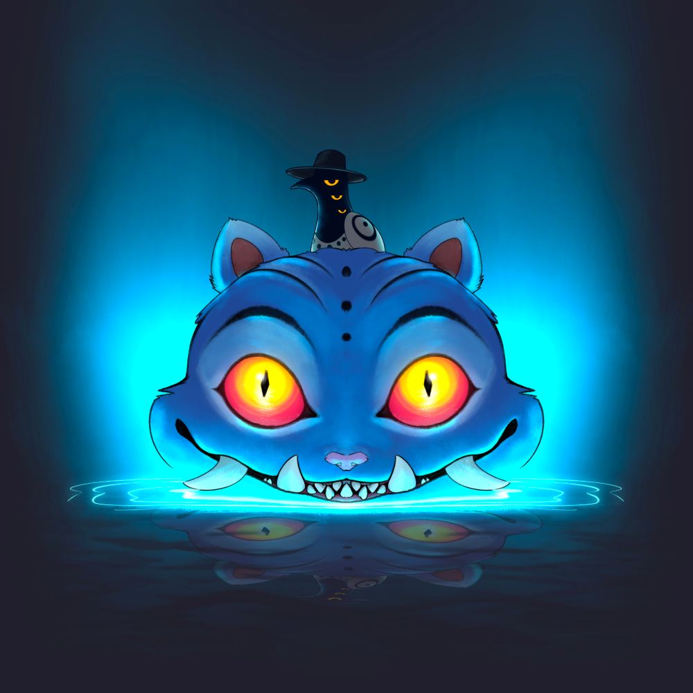 A derpy like demon tiger peaking it's head up from a portal as a three eyed raven with a black hat, is sitting on its head looking rather disappointed.