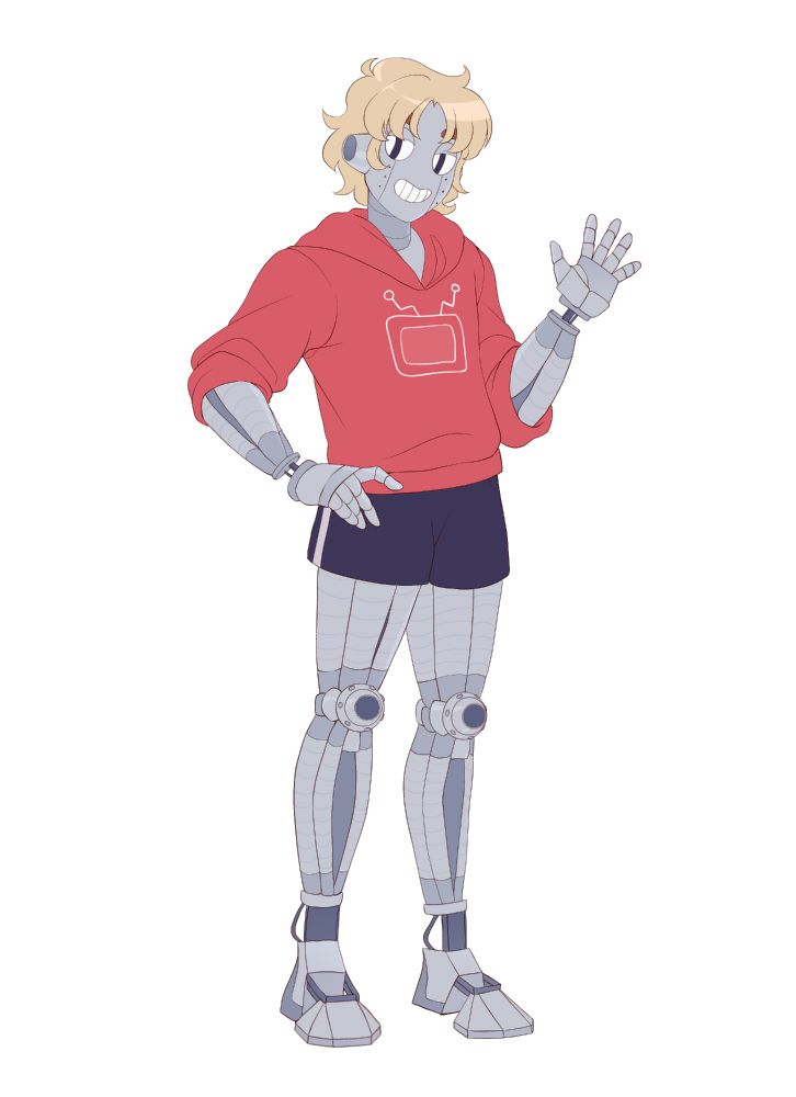 A flat-colored commission of my robot OC 'Mike', done by @applesartt (on Twitter and Instagram), Mike is an humanoid-like robot, but with visible robot parts, steel being visible on all the exposed parts. He wears a red sweatshirt with an old-fashioned television drawn on it, he has dark blue shorts, blonde hair and brown 'eyebrows', speakers as 'ears', and he is waving with his left hand at the viewer.