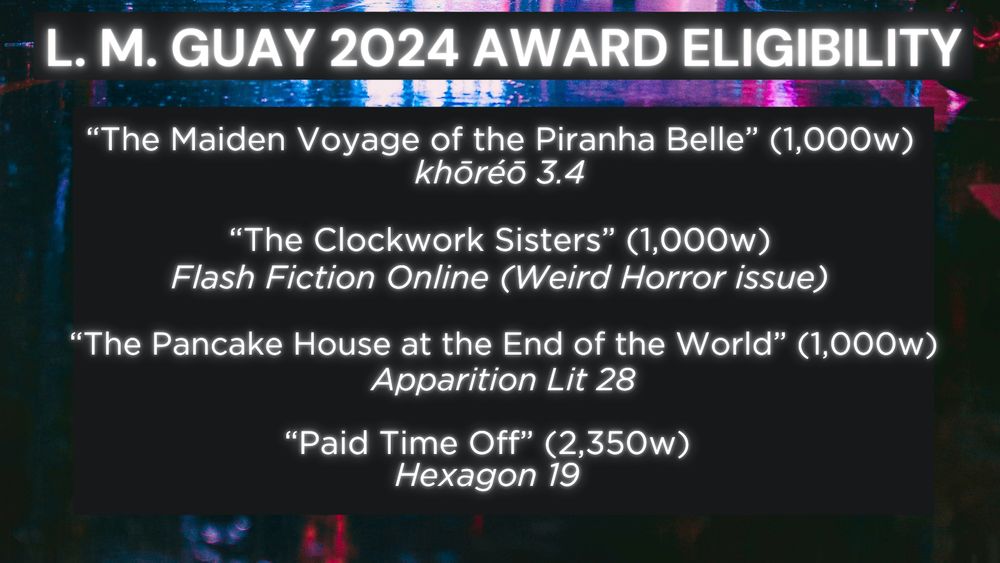 L.M. Guay 2024 award eligibility list of four stories with word count and venue for each. The information for each story is linked in the thread that follows.