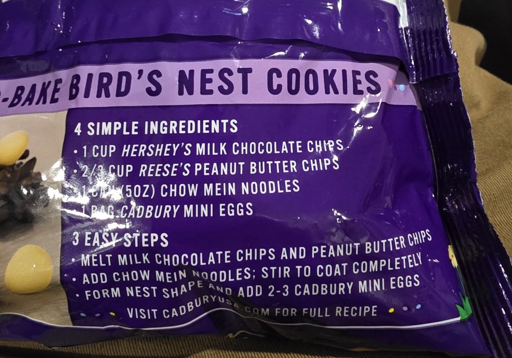 A recipe for cookies on Cadbury Eggs using chocolate chips, peanut butter chips and Chow Mein Noodles.