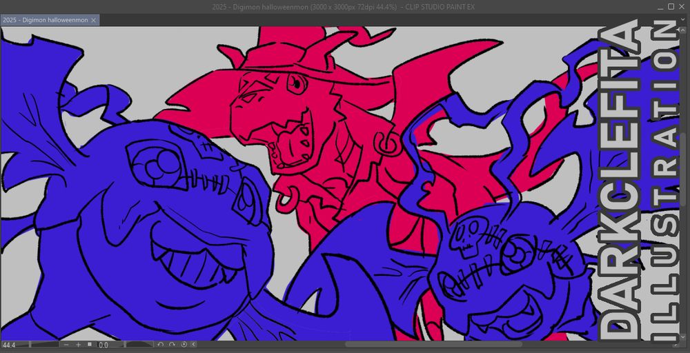 Sketch of 3 digimon, Demi-devimon and guilmon in Halloween form in the background