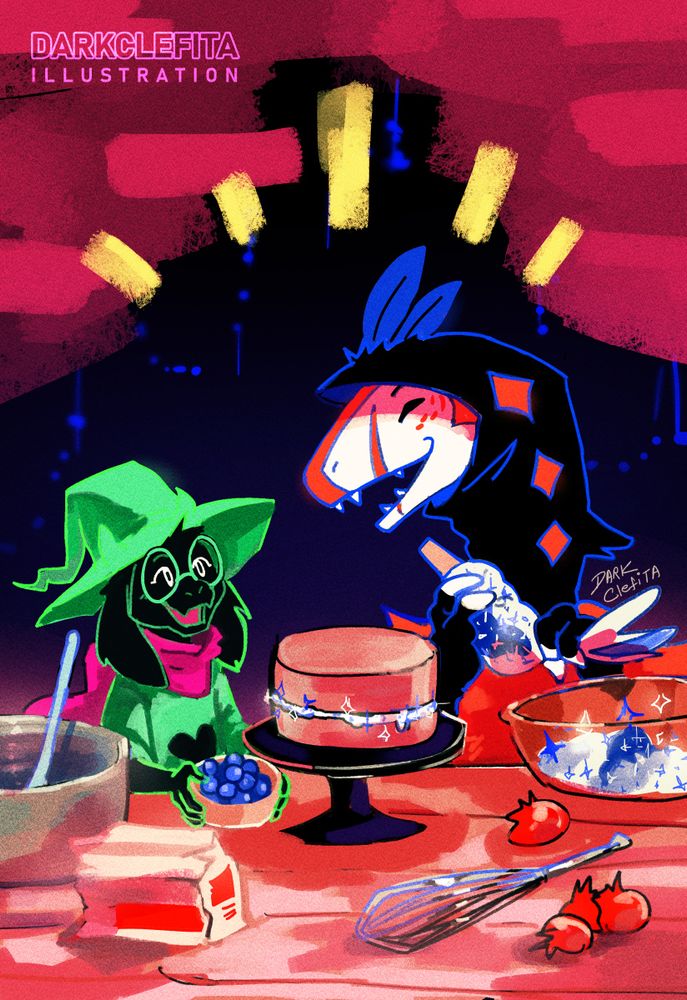 Illustration by Dark Clefita of Ralsei making a cake with Fluffy the velociraptor