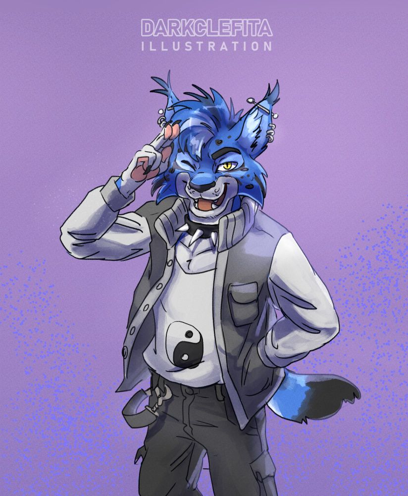 Digital illustration by Dark Clefita, In the image, you can see an a anthropomorphic blue lynx making a salute with its hand while winking.