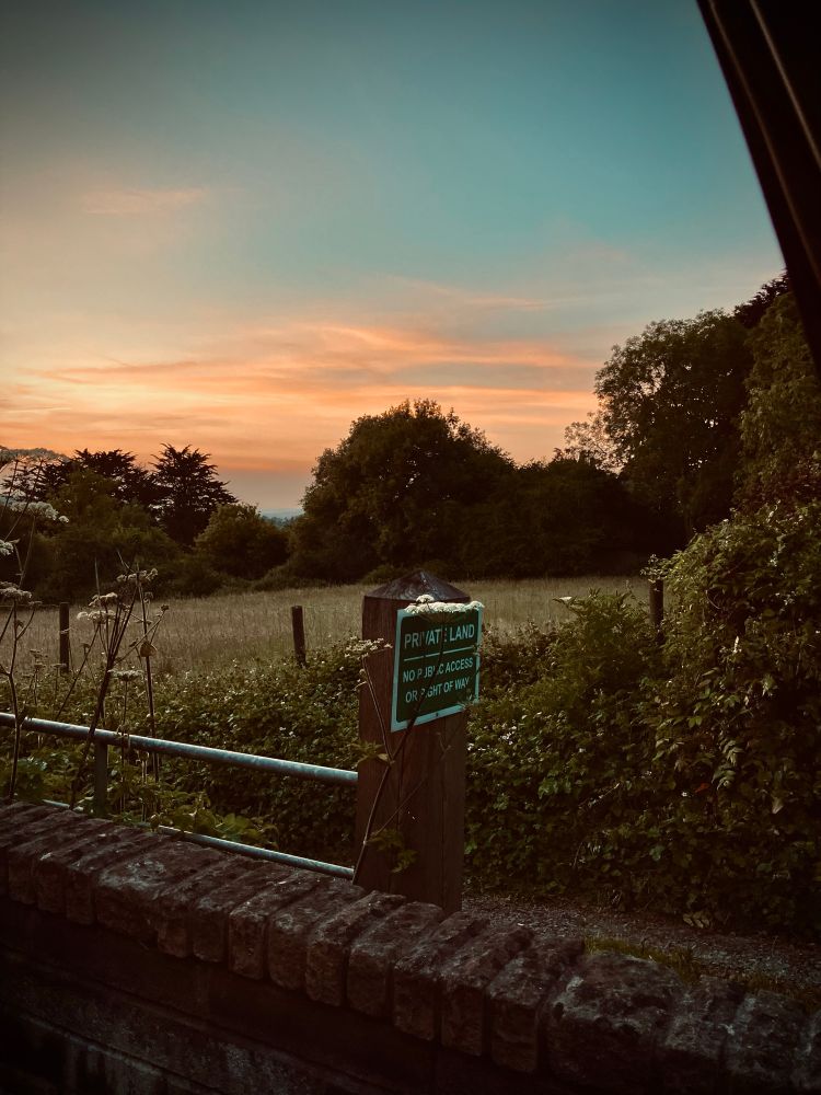 Sunset over a field of long grass. It is surrounded by tall trees. In the foreground a sign says ‘private property.’ 