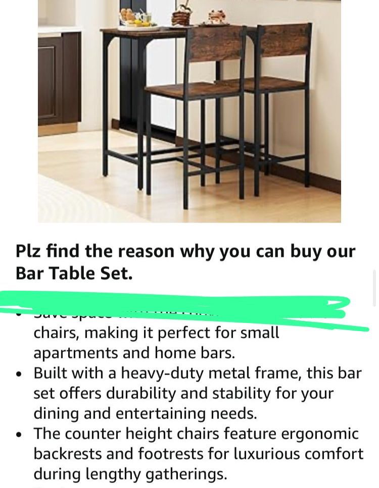 An advert for a table and chairs which says ‘pls find the reason why you can buy our bar table set’ which is earnest and brilliant as a marketing strategy.