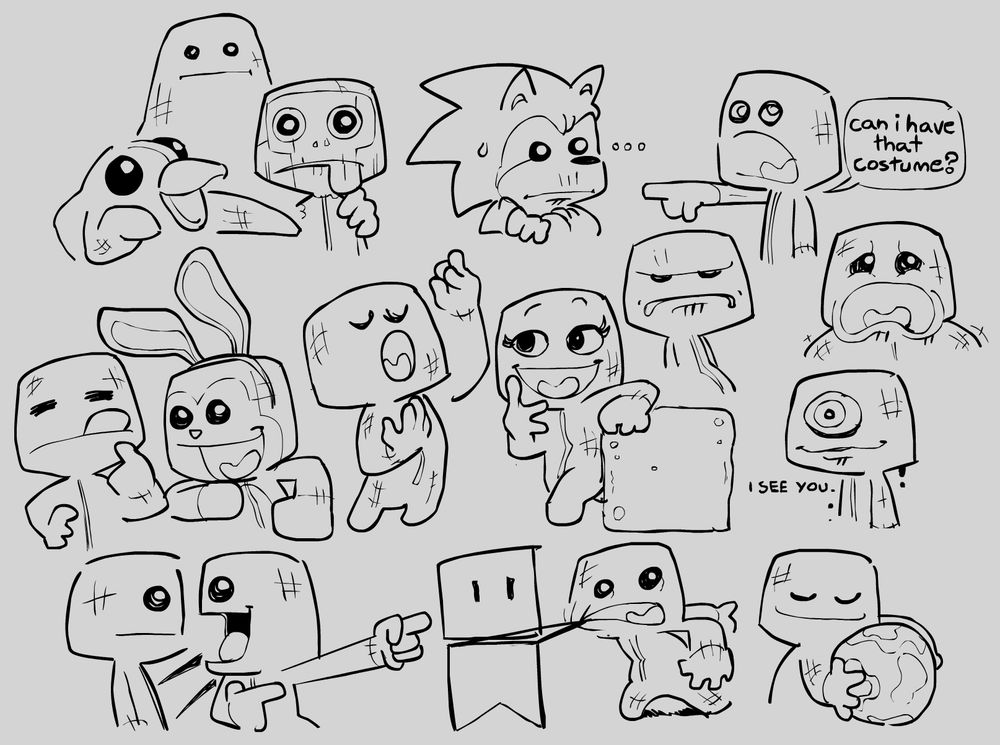 various sketches and doodles of the character Sackboy from the LittleBigPlanet series.