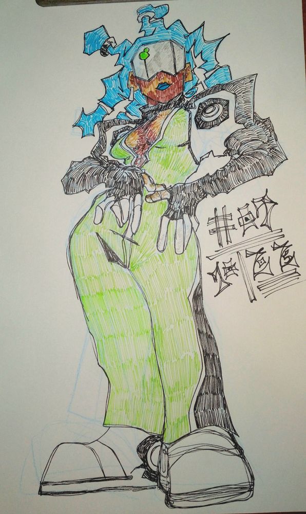 Drawing on paper of a Eclipse member from Bombrush cyberfunk