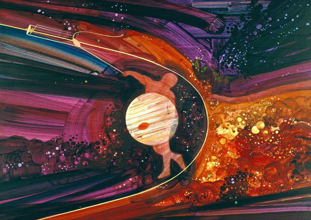 The planet Jupiter stands center, surrounded by the fiery paints that symbolize both the stars and Jupiter. A humanoid person stands faintly behind the planet, meant as if they are 'throwing' something to indicate the slingshot of Pioneer coming in a fiery race around Jupiter and back out deeper into the solar system.