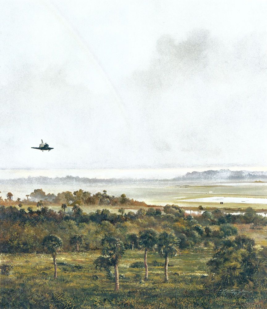 The painting here shows the Space Shuttle on final approach to land back at Kennedy Space Center. The foreground of the image shows the many trees and brush, with it showing the Shuttle on the final approach to the runway and a haze surrounding it all.