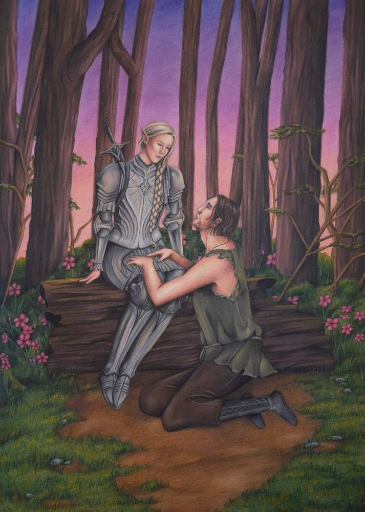 Drawing of Galadriel sitting on a tree stump with Halbrand at her knees. 
A sunset background