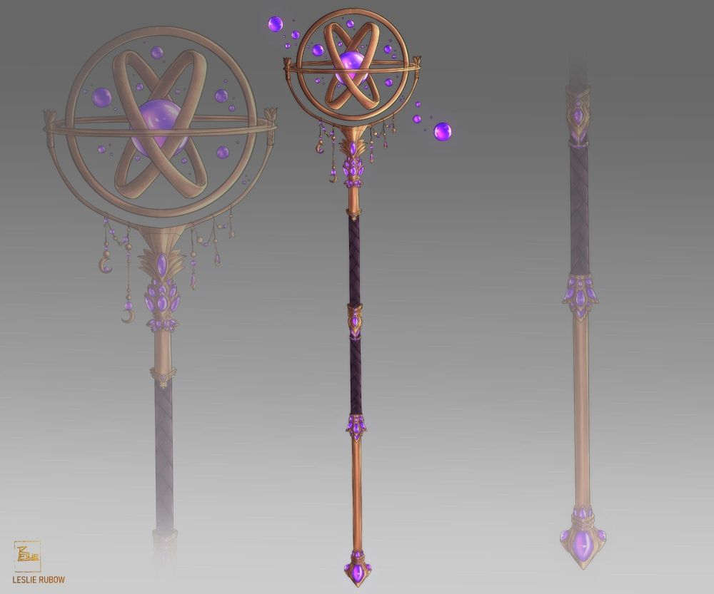 An intricate golden and purple wizards staff with a lot of flowing, glowy purple orbs and a lot of purple gemstones.