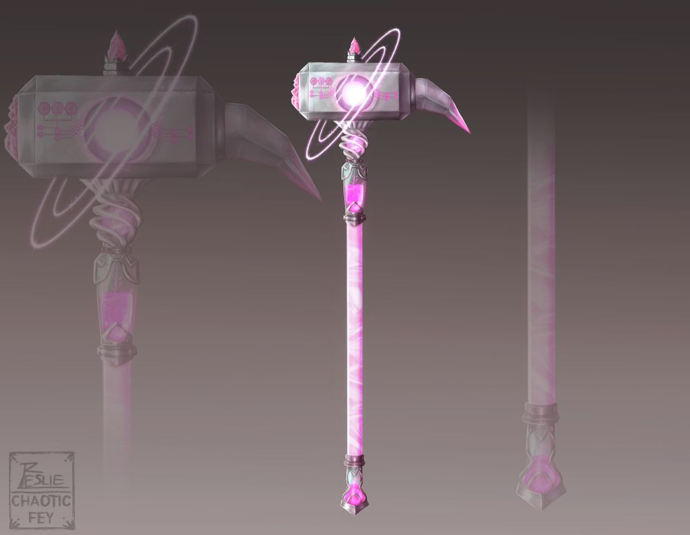 Digital painting.
Item design of a Warhammer in silver and pink.