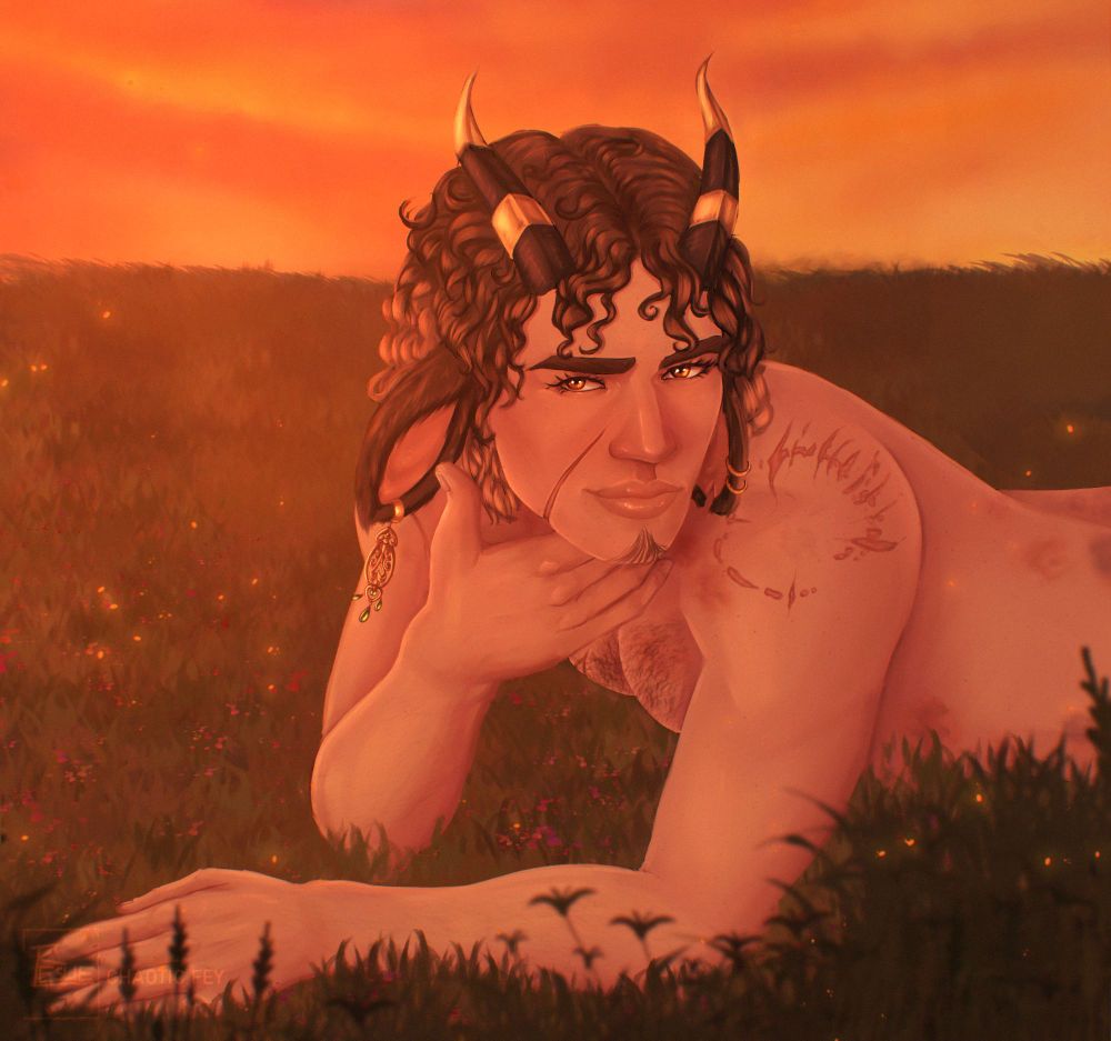 Digital drawing of a satyr man. He's lying on a meadow, resting his chin on one of his hands. Looking cheeky. He has a big visible bite scar on his shoulder. The colours are rich and warm.