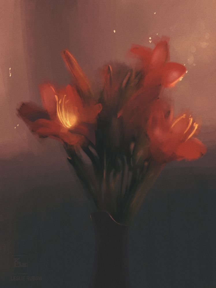 A painting of red, slightly glowy lilies in a vase.