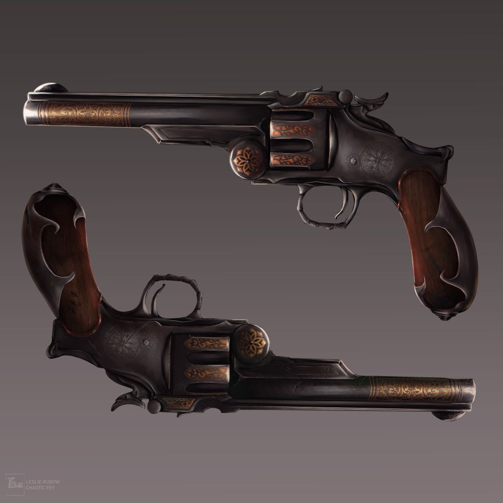 Digital Item design. Two guns in gunmetal black with engravings that have a gold inlay. The grip is wodden and metal. The gun at the bottom looks like it went through some stuff, it is not as shiny and has multiple deep scatches, the wood of the grip is darkend more and slightly splintered in parts, barely visible so. Tally marks are scratched in that grip, 17 in count. 