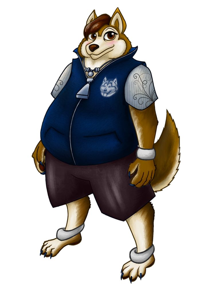 A very good malamute dog boy with silver anklets, cuffs and a custom designed blue vest