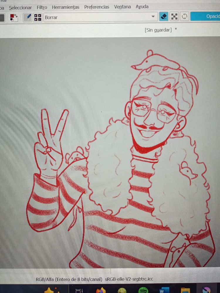 red lineart of Johanne sacreblu from the short YouTube film Johanne sacreblu. from the waist up she's holding up a peace sign and has a rat on her head, her shoulder and in her hair 
bosquejo en color rojo de Johanne sacreblu, está haciendo el signo de paz y tiene una rata en la cabeza, en el hombro y en el cabello 