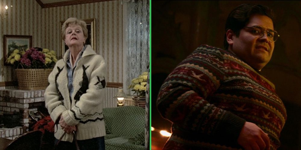 A two-split panel. On the left: Angela Lansbury as Jessica Fletcher in MURDER, SHE WROTE. She is wearing a cream-colored zippered cardigan with several fish stitched together in black yarn on the front and sleeves. On the right: Harvey Guillén as Guillermo de la Cruz in WHAT WE DO IN THE SHADOWS season 1. He is wearing a multicolored geometric fair isle sweater that features several rows of birds.