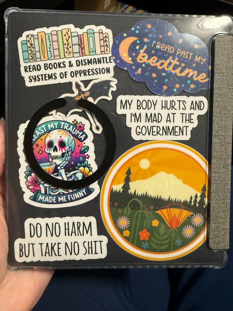 The back side of an ereader device in a clear case, covered in stickers:
“Read books & dismantle systems of oppression”
“I read past my bedtime”
A dragon silhouette
“My body hurts and I’m mad at the government”
“At least my trauma made me funny”
“Do no harm but take no shit”
And a circular graphic design of flowers in a field before the shape of Mt. Tahoma and a yellow sun.