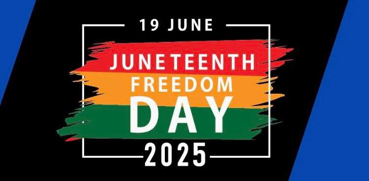 Graphic of red, orange, and green paint stripes over a black rhomboid on a dark blue background, bearing the date 19 June 2025" and the words "Juneteenth Freedom Day."