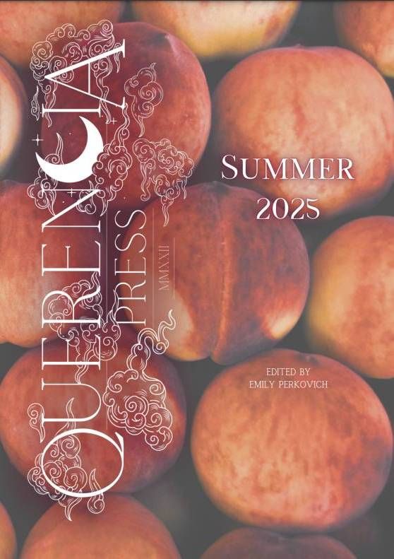 Summer peaches in vivid tones of red and orange pack in rows across the photographic magazine cover. The title "Querencia Press" appears in an ornate font aligned perpendicular to the page. To the right of the title, the issue name, "Summer 2025" appears, and below it, "Edited by Emily Perkovich."