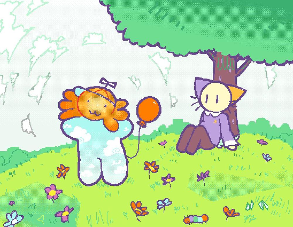 art of two characters in a flowery grass landscape