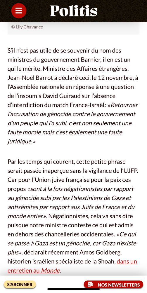 «Négationnisme et antisémitisme: le strik du ministre Jean-Noel Noël Barrot,
Politis, 18/11/2024