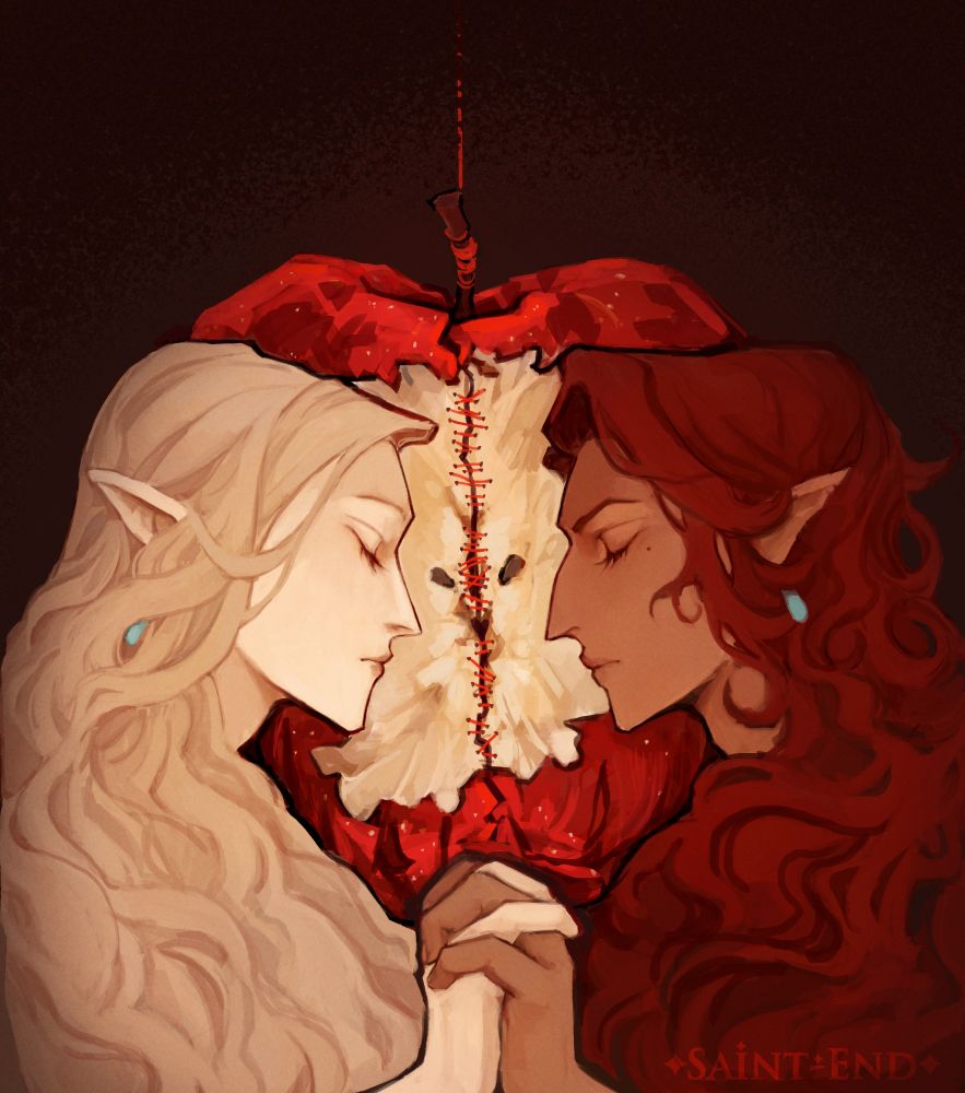 Apple trend of my OCs Luka and Thios. their profiles create a silhouette of a bitten apple core