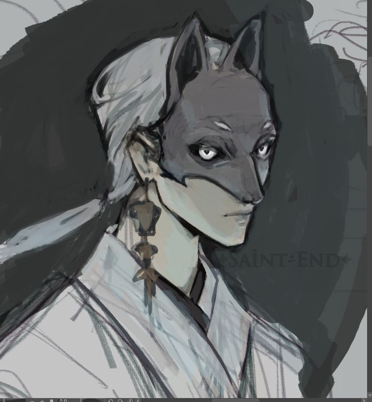 rough painting of fox mask from the game silent hill f