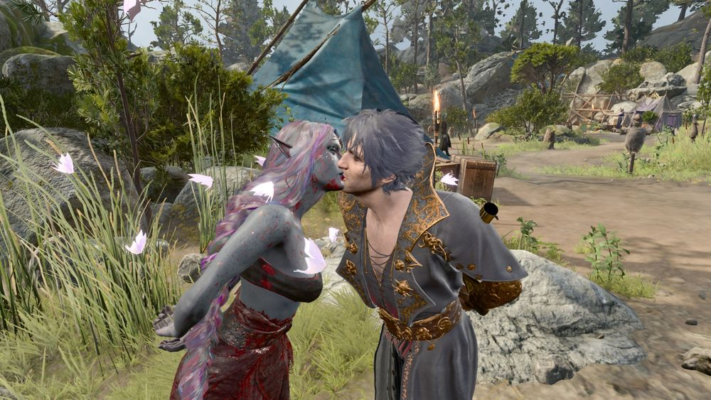Ryl, a Drow, kissing Lord Enver Gortash from the video game Baldur's Gate 3.