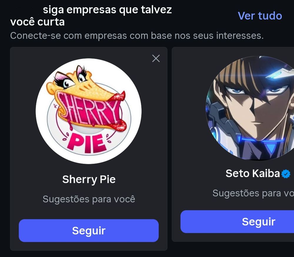 Sugestões do Instagram para eu seguir: o predador sexual conhecido na cena drag como Sherry Pie, e o perfil verificado de Seto Kaiba