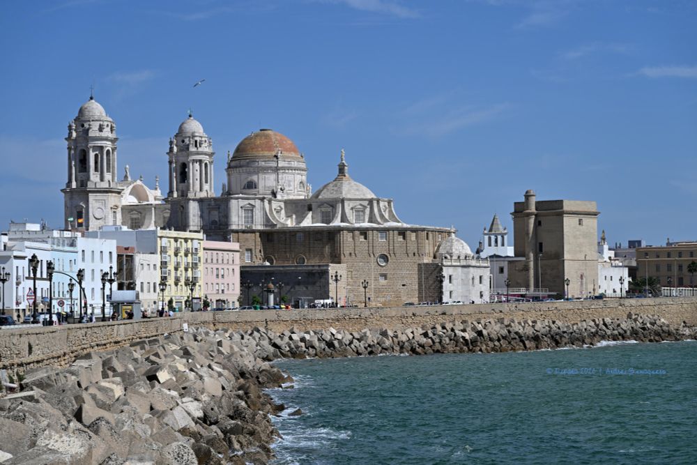 Es una fotografía donde destacan torres y cúpulas de la Catedral de Cádiz, fotografiada desde el paseo marítimo. En el tercio inferior se el malecón que separa al la ciudad del mar. El cielo se muestra celeste.