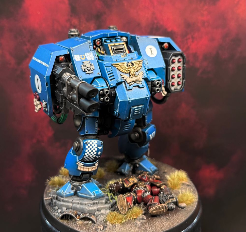 Big blue war machine of the 41st millennium. Codex compliant with rich blues, edge hilights, and a scenic custom base. 
