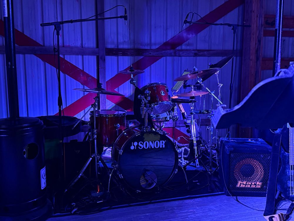 Tiny but effective little Sonor 4-piece drum kit, set up for a rodeo gig in Hinton, AB this weekend. 