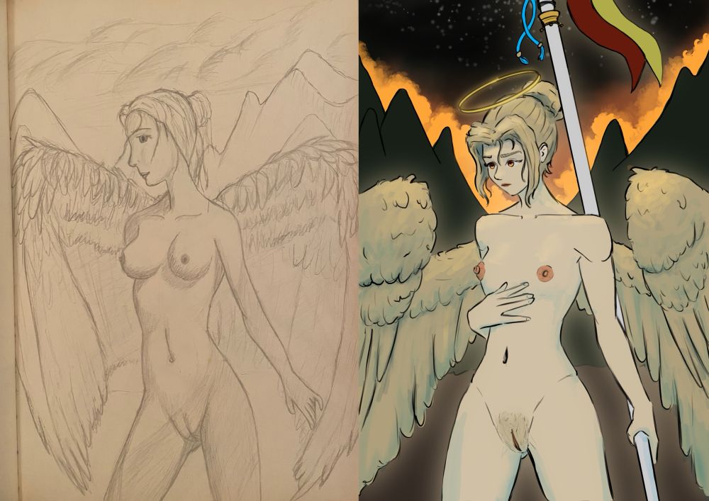 Left: sketch of naked angel standing in front of a hillside.
Right: Naked angel standing in front of a burning hillside, she has a halo and is holding a spear that has tassels and a flag coming from the part that’s off screen, her hand is resting on her lower chest.