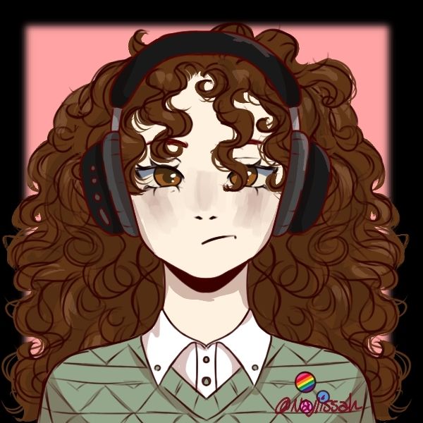 um picrew representando eu, na imagem é um avator feminino, branco, olhos castanhos claros, cabelo grande cacheado e castanho claro, o avator está usando um fone de ouvido headset, uma blusa verde e alguns bottons lgbt