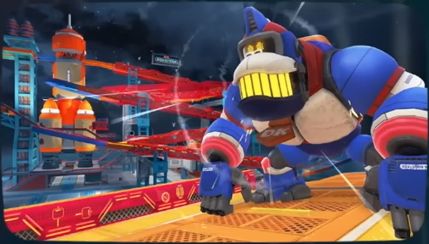 A photo of the Mario Kart World course, DK Spaceport, prominently featuring a large robotic Donkey Kong, “Robo DK,” standing on some railing in the foreground with a space shuttle with girders leading up to it visible in the background against a night sky.