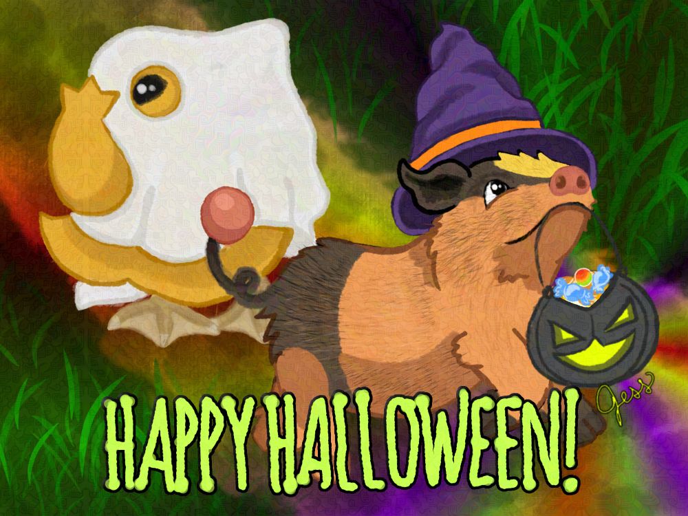Digital drawing (by me!) of a tepig (witch!
) and a psyduck (ghost) trick or treating. tepig's candy basket is based on gorgeist and they have some candies (rare candy, tepig candy)