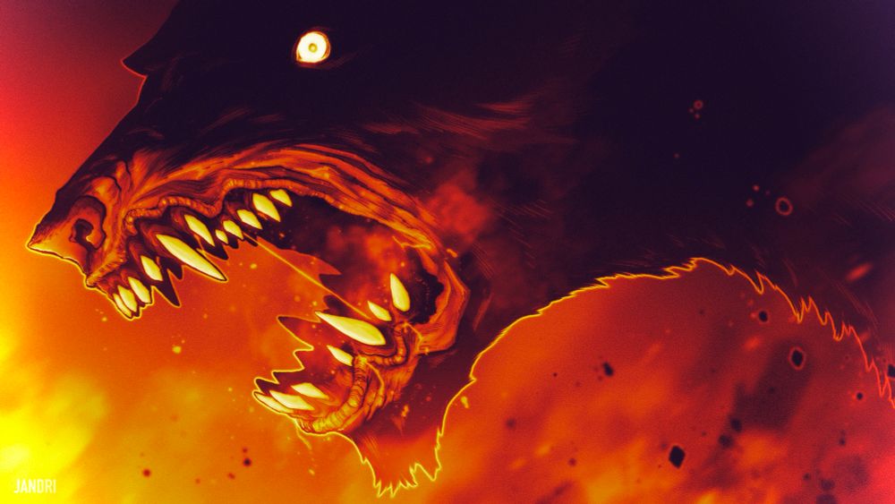 A lycan bares its teeth, underlit by flames. 