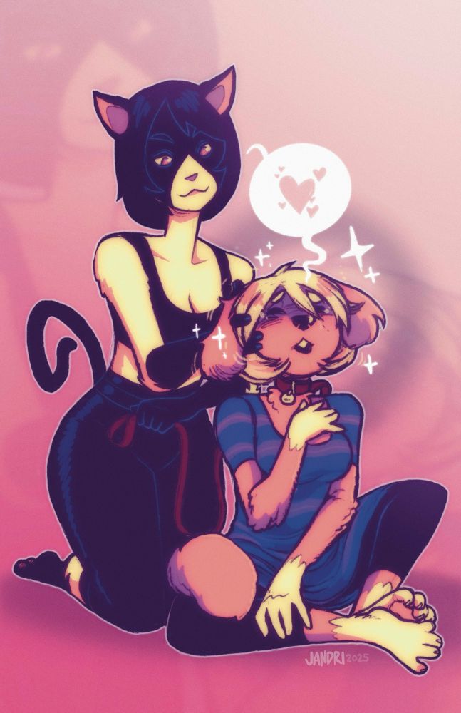 A leashed doggirl Olive sits on the floor, resigned to intense comfort as catgirl Brooke kneels behind them and ruffles the hair behind their floppy ears. 